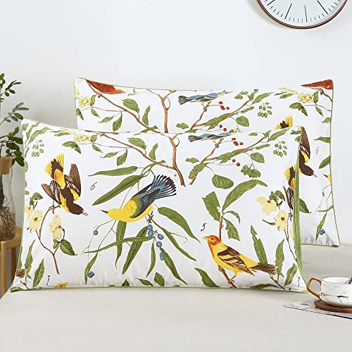 YOU SA Luxury 100% Cotton Pillowcases Pillow Cases Birds Floral Print Pillow Covers (King, Color-21)