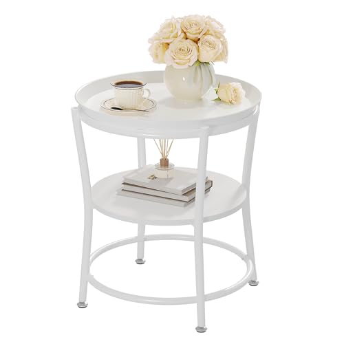 YITAHOME Round Side Table with Two-Tier Storage & Removable Tray, End Table for Living Room, Bedroom, or Apartment, Sturdy Coffee Table, Adjustable Feet, White