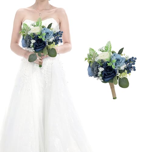 HOMENERGY Bridesmaid Bouquets for Wedding - 7 Inch Artificial Flowers Bouquets for Ceremony Anniversary Centerpieces Decorations - Navy Blue and White