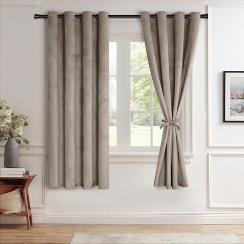 JIUZHEN Velvet Curtains 63 inches Long - Super Soft Room Darkening Thermal Insulating Window Drapes for Bedroom Living Room Dining Backdrop, W 52 x L 63 inch, Taupe, 2 Panels