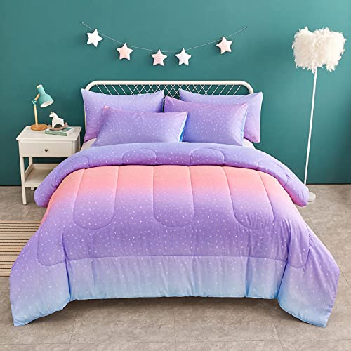 Yogeneg Pink Glitter Rainbow Kids Comforter Sets Full/Queen Size for Teen Girl Women,Metallic Printed Comforter with 2 Pillowcase,Ultra Soft Microfiber 3 Piece Bedding Set,All Season(Rainbow A, Queen)