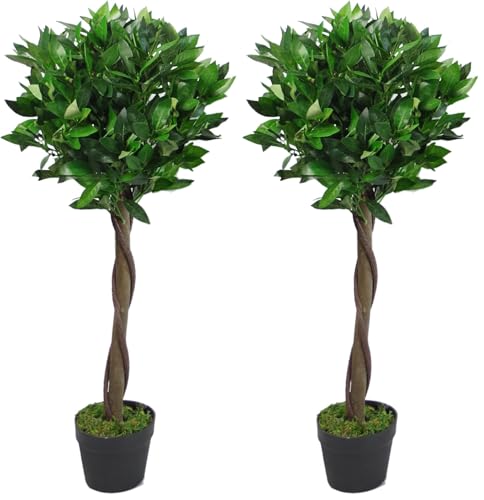Leaf Design UK Artificial Bay Laurel Topiary Ball Tree, Green Twist, 90cm (3ft) (Pack of 2)