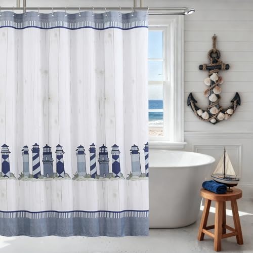"Nautical Lighthouse Shower Curtain, Blue Gray White Coastal Beach Shower Curtains for Bathroom, Waterproof Ocean Decorative Fabric Shower Curtain, Washable Polyester Bathroom Curtain, 72"" W x 72"" H"