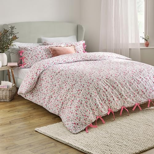 furn. Wylder Hannah Duvet Cover Set – 100% Tumbled Cotton Floral Bedding with Bow Closures (Pink - Double)