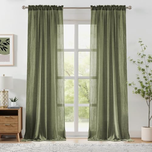 "Melodieux Sage Green Sheer Curtains 96 Inches Long for Living Room, Bedroom Soft Cotton Linen Window Sheer Drapes, Natural Farmhouse Rod Pocket Light Filtering Curtains, 52"" W x 96"" L, 2 Panels"