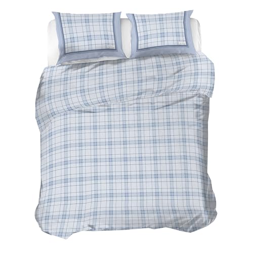 PENSIERI DELICATI 100% Cotton Flannelette Single Duvet Cover Set, 155 x 200 cm Bag and Pillowcase 52 x 82 cm, Made in Italy, Duvet Cover Machine Washable at 40 °, Turin Blue Pattern