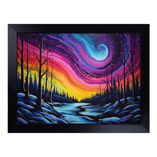 Lap Tray with Bean Bag Cushion, Northern Lights Pop Art - Handmade in the UK, Raised Wooden Edge, Padded Cushion, Heat-Resistant Wipe-Clean Surface, for Meals, Laptops and Crafts