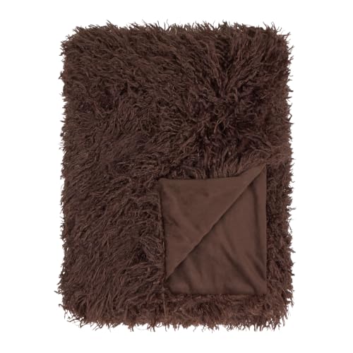 furn. Rowan Throw (Chocolate - 130x175cm) - Soft Faux Fur Mongolian Style Decorative Velvet Reverse Blanket