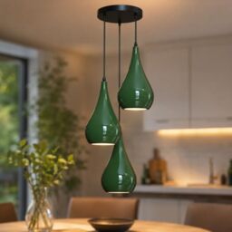 3 Head Pendant Light, Green Metal Teardrop Cluster Ceiling Light Fitting, E27 Hanging Light Shade for Kitchen Island, Dining Room, Living Room, Bedroom - Adjustable Cable - Industrial Vintage Style