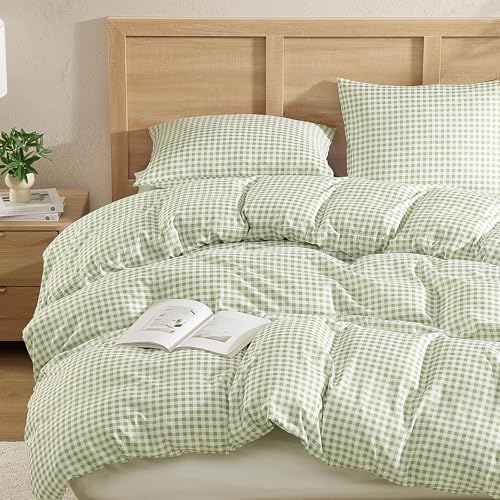 Andency Gingham Duvet Cover Full Size, Sage Green Checkered Plaid Bedding Set, 3 Pieces Soft Prewashed Microfiber Comforter Cover with Zipper Closure & Corner Ties