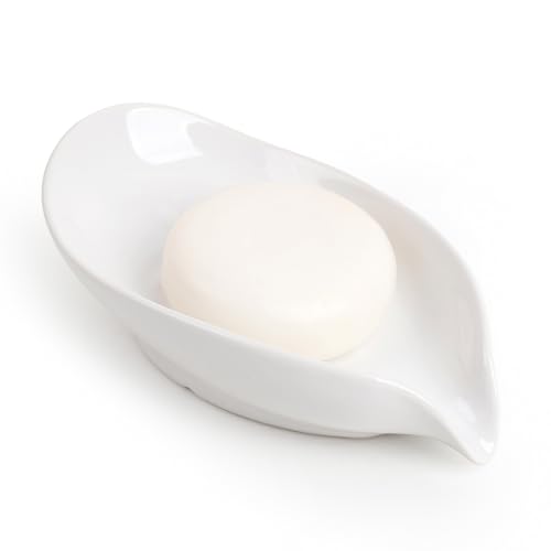 Soap Holder, Self-Draining Soap Dish, White Leaf Shape Ceramic Bar Soap Holder Drain Soap Dishes for Bathroom Sink Kitchen, Easy to Clean Keeps Soap Dry, ANTIS'S HOME