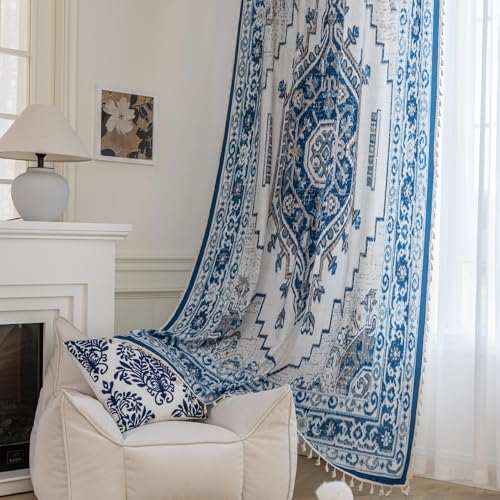 Erbnaryx Popular Handicrafts Printed Curtains for Living Room 96 Inches Long Indian Hippie Bohemian Curtains Rod Pocket Light Filtering 2 Panels, Blue/White