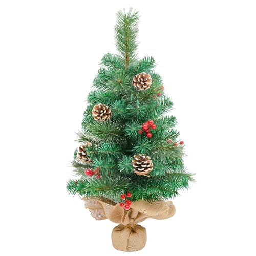 Mini Christmas Tree, 60cm Tabletop Christmas Tree Ornaments with Pine Cones and Red Berries Decoration for Xmas, Home, Kitchen, Dining Table Decor