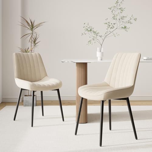 COLAMY Velvet Dining Chairs Set of 2, Chairs for Dining Room with Metal Legs and Thick Seat Cushion, Upholstered Kitchen Chair with Anti-Slip Pads, Beige