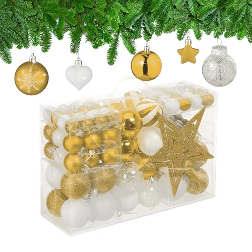 Relaxdays Christmas Ornaments, Set of 101, Glittering, Tree Decorations, Baubles & Stars, Plastic, Traditional, Gold