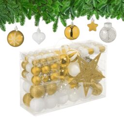 Relaxdays Christmas Ornaments, Set of 101, Glittering, Tree Decorations, Baubles & Stars, Plastic, Traditional, Gold