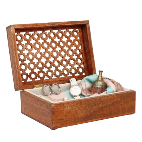 Wood Keepsake Box with Hinged Lid in Trellis Design - Decorative Wooden Box Used as Storage Box, Stash Box, Jewelry Box, or Trinket Box - Medium Polish Finish, 10.5 x 7.5 x 4 Inch, Extra Large