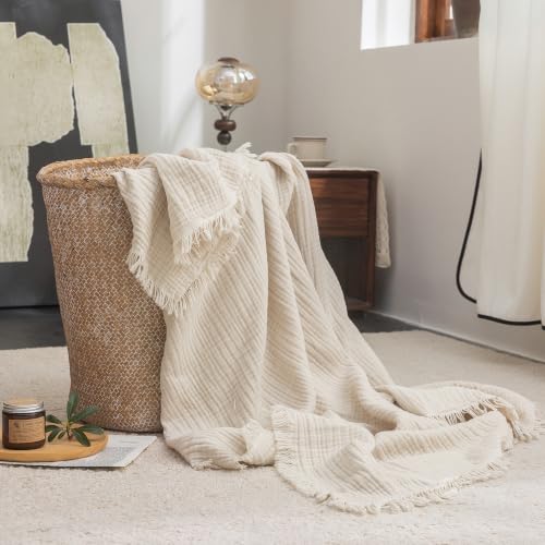 "FOSSA Muslin Blanket 4-Layer 100% Cotton Gauze Blanket with Fringe 50""x60"" - Super Soft Breathable Lightweight All Season & Decforative Blanket for Bed, Sofa, Office"