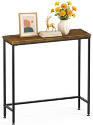 VOUNOT® Slim Console Table, Metal Frame Entryway Table, Small Sofa Side Table for Hallway, Living Room or Bedroom, 75x24x75 cm, Brown
