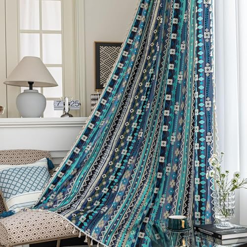 Erbnaryx Navy Blue Geometric Curtains 63 Inches Long, Boho Farmhouse Light Filtering Rod Pocket Drapes with Tassel Trim for Bedroom Living Room, 2 Panels