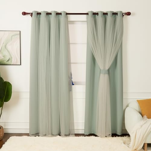 INLINAS 52 x 96 Inch Blackout Curtains with Sheer Overlay - Grommets Thermal and Noise Reduction Panels for Bedroom and Living Room Light Blocking and Energy Saving, Mint, Set of 2