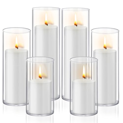 Homjoy Set of 6 White Pillar Candles with Glass Candle Holders Clear Hurricane Glass Candle Holders Glass Cylinder Vases for Centerpieces Wedding Party, Event, Home Office
