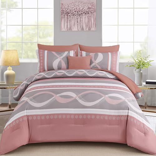 "Anibedding Comforter Set King Size,8 Pieces Pink Boho Bed in a Bag Patchwork Striped Comforter Set, Soft Microfiber Bedding Set for All Season(104""??90"")"