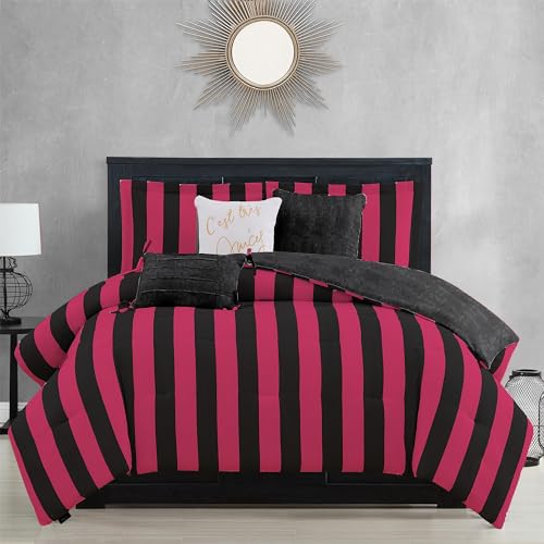 "Juicy Couture Cabana Stripe Reversible Bedding Set - Queen/Full Size - Black and Hot Pink Stripe Print – 6 Piece Set – Includes 1 90"" x 90"" Comforter, 3 Decorative Pillows, 2 Shams"