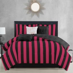 "Juicy Couture Cabana Stripe Reversible Bedding Set - Queen/Full Size - Black and Hot Pink Stripe Print – 6 Piece Set – Includes 1 90"" x 90"" Comforter, 3 Decorative Pillows, 2 Shams"