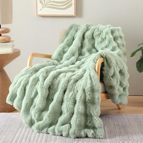"Smoofy Faux Fur Throw Blanket for Couch ??? Sage Fluffy Cozy Rabbit Fleece, Plush Soft Bubble Blanket for Sofa & Bed, for Mom, Warm Fuzzy Home Room Decor Throw 60"" x 80"""