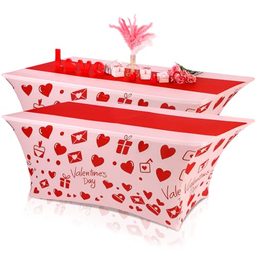 Oudain 2 Pcs Valentines Day Stretch Table Cover 6 Feet Red Heart Valentines Day Spandex Table Clothes Sport Theme Party Decorations for Holiday Party Celebration Picnic Dinner Decor