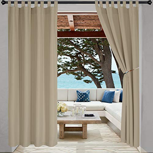 LORDTEX Indoor/Outdoor Curtains Waterproof Tab Top Patio Curtains - Sun Blocking Set of 2 Panels Thermal Insulated Curtain for Porch, Pergola, Cabana, Gazebo, 52 x 84 inch, Taupe