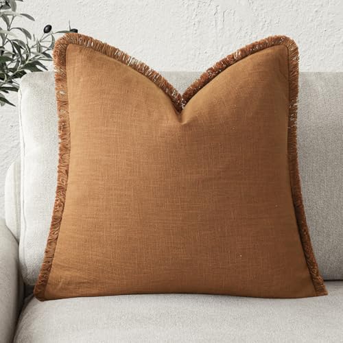 Foindtower Decorative Linen Fringe Throw Pillow Covers Cozy Boho Farmhouse Cushion Cover with Tassels Soft Accent Pillowcase for Chair Sofa Bed Living Room Home Decor, 16??16 Inch,1PC,Orange