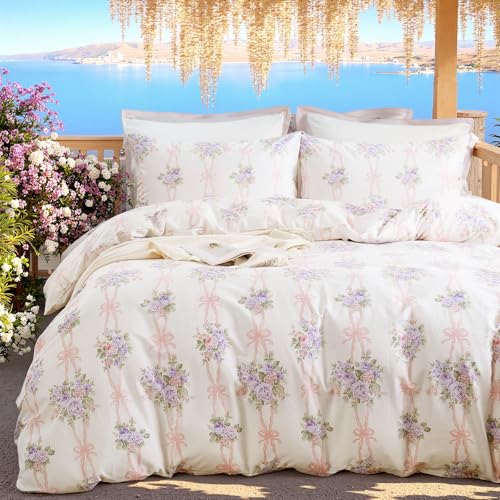 Cozaline 100% Natural Cotton Duvet Cover Queen Botanical Floral Duvet Cover Set with Purple Luxurious Flowers & Pink Bow Pattern 3 Pcs Ultra Soft Comforter Cover with Zipper Closure