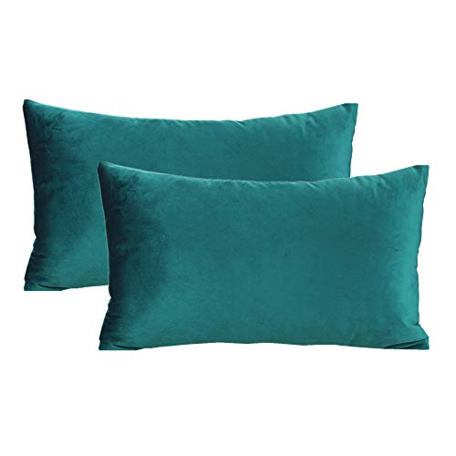 "VAKADO Teal Couch Rectangle Cushion Covers Velvet Lumbar Decorative Soft Solid Cozy Pillow Covers Home Decor for Sofa Bedroom Living Room 12""x20""Set of 2"