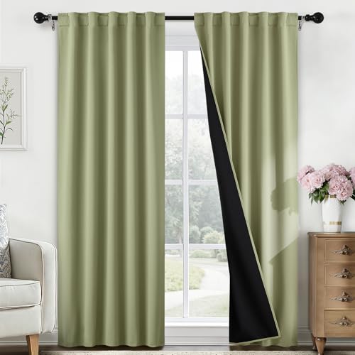 SimpleHome 100% Blackout 84 Inch Light Sage Curtains for Living Room - Curtains for Bedroom,Rod Pocket and Back Tab Window Drapes,Room Darkening Curtains with Black Back,52 x 84 Inch,2 Panels