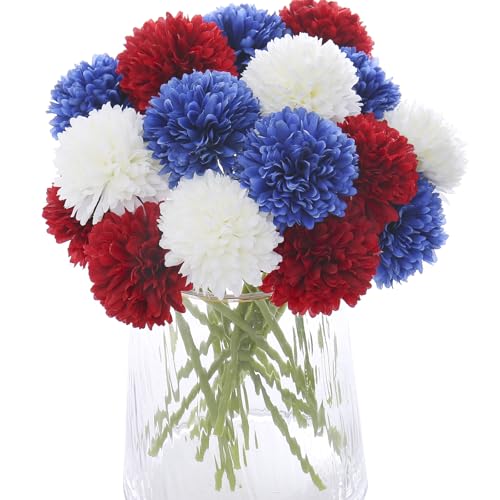 Kimura's Cabin 21Pcs Chrysanthemum Patriotic Flower 4th of July Artificial Flowers Faux Silk Mums with Stem Balls Flowers for Home Table Centerpieces DIY Decor Memorial Day Decoratio Red White Blue