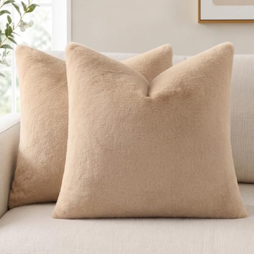 Pallene Faux Fur Decorative Throw Pillow Covers 18x18 Set of 2, Khaki - Soft Plush Texture, Fuzzy Fluffy Feel, Cozy Modern Home Accent Pillow Covers for Couch, Sofa, Bed, Living Room