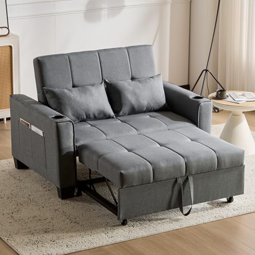 Ball & Cast 2 Seater Sofa with Cup Holders, Fabric Pull Out Sofa Bed, Foldable Sofa Couch Chaise Lounge for Living Room/Apartment/Small Space, Grey