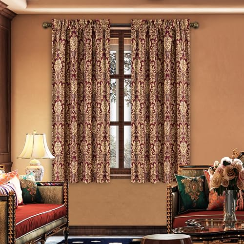 Loom and Mill Luxury Jacquard Curtains for Bedroom, Burgundy Red Lined Damask Curtains 2 Panels with Tiebacks, Floral Window Curtain for Living Room Banquet Christmas Decor(42???Wx 63???L, 2 Panels)