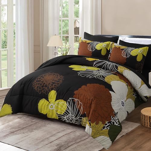 Yiran 7 Pieces Boho Floral Comforter Sets Black Brown Yellow Lightweight Comforter Bed in a Bag Flowers Microfiber Bedding Set for All Season,King Size 104''x90''
