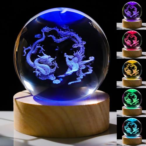 3D Dragon Phoenix Gifts for Women - Crystals Ball 60mm - Dragon Phoenix Figurines Decor Glass Animals Figurine - Stuff for Room Birthday for Best Friend Lovers Keepsake Paperweight