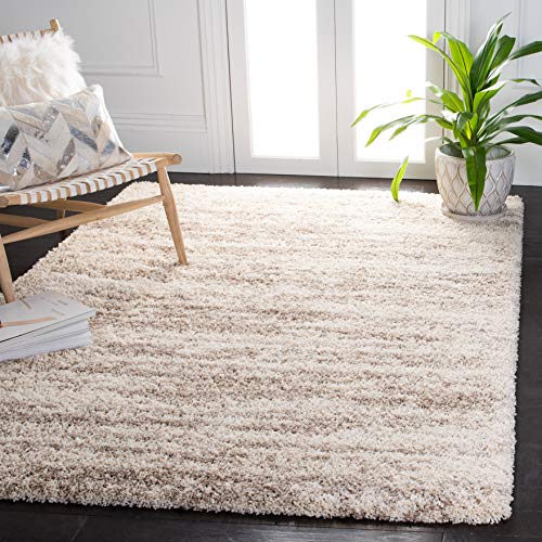 Safavieh Shag Rug for Living Room, Dining Room, Bedroom - Hudson Shag Collection, High Pile, in Ivory and Beige, 120 x 120 cm