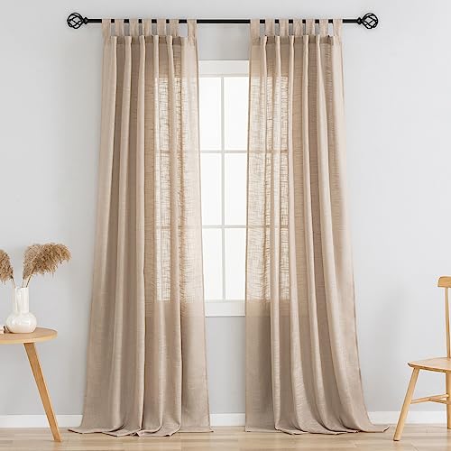VOILYBIRD Linen Semi Sheer Curtains Tab Top Light Filtering Elegant Curtains & Drapes for Living Room (Tan, W52 x L84, 2 Panels)
