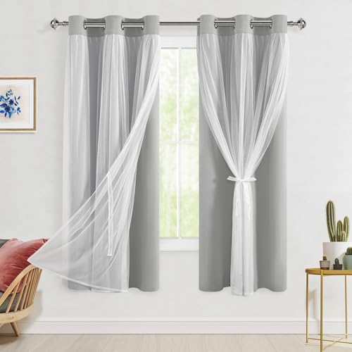 Hiasan Blackout Curtains with Sheer Overlay, Thermal Insulated Privacy Double Layer Mix & Match Window Curtains for Girls Bedroom, Living Room, 2 Drape Panels with Tiebacks, Silver Grey, 42W X 63L
