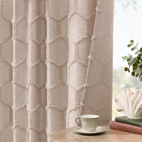 Taupe Fluffy Curtains 72 Inches Long 2 Panels Geometry Hexagon Curtains Moroccan Tile Rod Pocket Back Tab Semi Sheer Light Filtering Tufted Pom Farmhouse Lattice Drapes for Bedroom Privacy, 52x72
