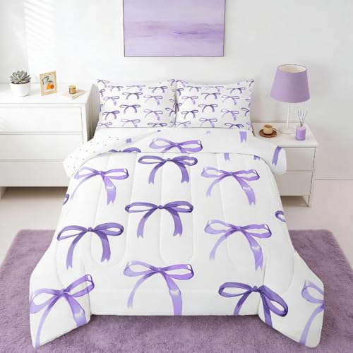 Feelyou Bow Bedding Set Boys Girls Queen Size Purple Girls Bow Comforter Set for Kids Women Men Ultra Soft Cute Bowknot Comforter Kawaii Bow Duvet Set Room Decor Lovely Decor Quilt Set