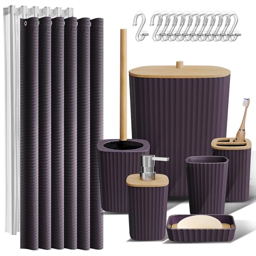 Clara Clark Bathroom Accessories Set - Bathroom Accessory Set with Shower Curtain Set, Toilet Brush, Trash Can & Soap Dispenser (Purple, Complete Set)