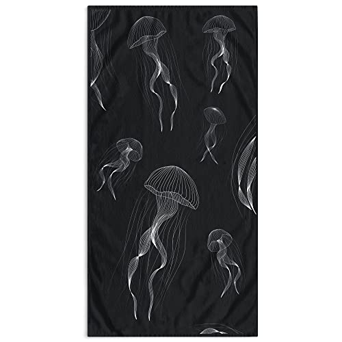 RESTILO Jellyfish Beach Towel Large 90 x 180 cm Cotton Terry Cloth Velour Bath Towel Dark Blue