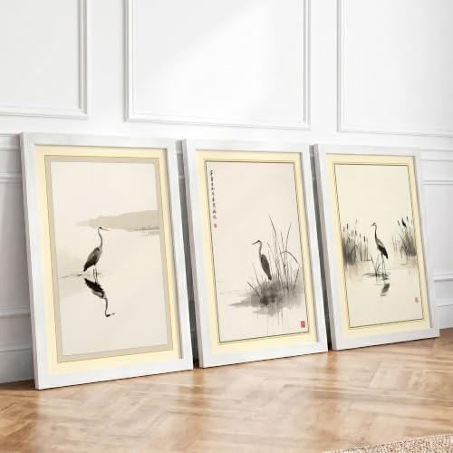 Herons in Stillness Japandi Set of 3 Framed Wall Art Prints A3